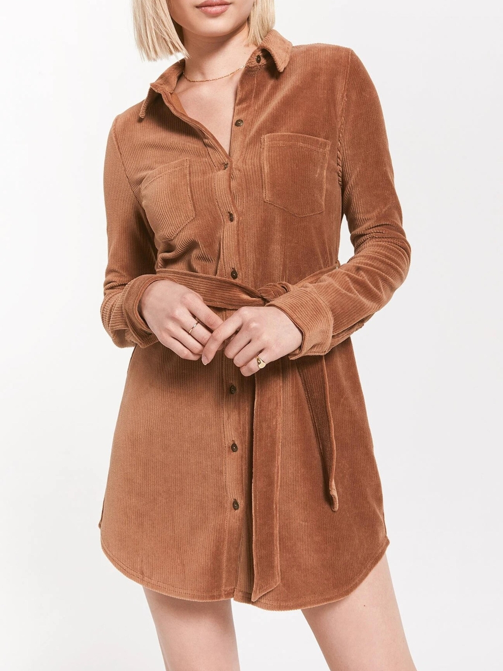 Z Supply Camel Corduroy Button-Down Tie-Waist Dress - XS